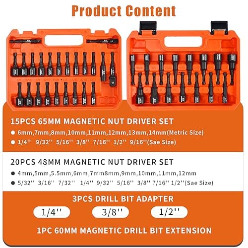 39Pcs Magnetic Nut Driver Set for Impact Drill, Metric & SAE Magnetic Impact Drill Driver Bit, 1/4" Hex Shank, Fully Magnetic Hex Nut Driver Drill Bit Master Kit, Black