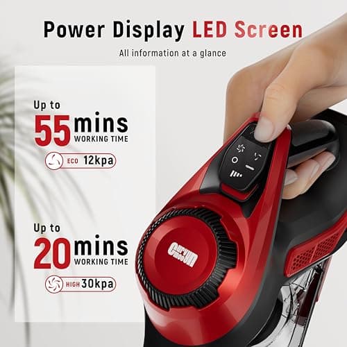 Cordless Vacuum Cleaner, 30Kpa Home Stick Vacuum, Smart Display & 1.5L Dust Cup, 55mins Max Runtime, Rechargeable Lightweight Handheld Vavuum for Pet Hair/Carpet/Hardwood Floor/Car (Red)