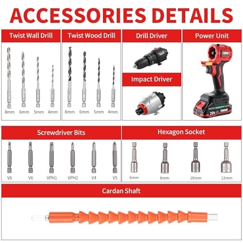 Cordless Drill and Impact Driver, Electric Drill and Impact Driver Combo Kit with 3/8-inch Electric Drill and 1/4-inch Impact Driver with 2 * 1.5A Batteries