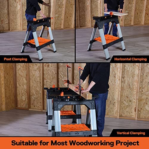 PONY 2-Pack Clamping Sawhorses, 1200 LBS Load Capacity, 30-3/4" Folding Sawhorse with 12” F Clamps, Bench Dogs, Angle Clamps, 2" Spring Clamps, Steel Legs, Heavy Duty for Woodworking