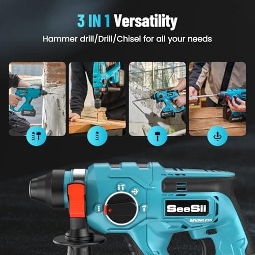 Seesii 21V Cordless Rotary Hammer Drill, 2x4.0Ah Battery Power Hammer with SDS-Plus Change Adapter Including 3 Drill Bits, Flat/Point Chisels Lightweight Electric Hammer Drill for DIY Projects