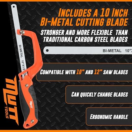 Mutt Tools Mini Hacksaw for Metal with 10-inch Bi-Metal Blade for Precision Cutting - Compatible with 10" and 12" Blades - Small Cutting Saw