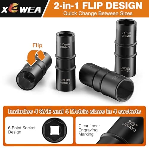 XEWEA 1/2" Drive 15PCS Lug Nut Remover and 6PCS Flip Impact Socket Set, Wheel Lock Removal Kit, Thin Wall Nut Sockets Easy Out Extractor Set for Damaged, Frozen, Rusted, Rounded-Off Bolts