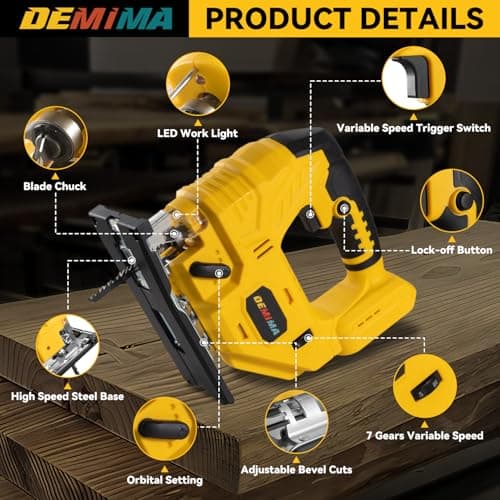 Cordless Jig Saw for De-Walt 20V Battery, 7 Speed Variable Up to 3200RPM, LED Light, 45° Bevel Cuts, 3 Orbital Motions, with Jig Saw Blade for Straight/Curve/Circle Cutting(Battery Not Include)