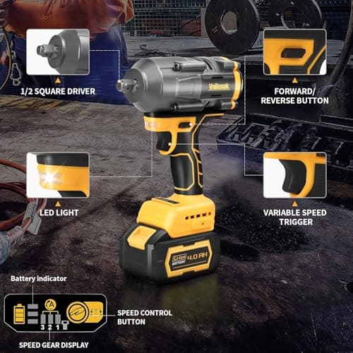 Cordless Impact Wrench 1/2 inch for Dewalt 20V Battery, 1000/1200N.m Impact Driver High Torque Brushless Electric Impact Gun Includes LED Work Light Variable Speeds for Car/Truck RV/Mower