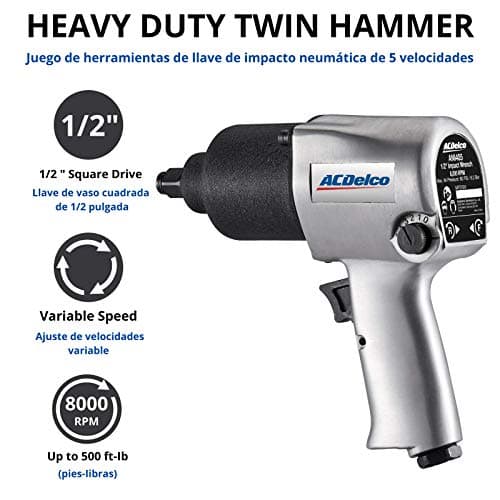 ACDelco ANI405A Heavy Duty Twin Hammer ½” 500 ft-lbs. 5-Speed Pneumatic Impact Wrench Tool Kit