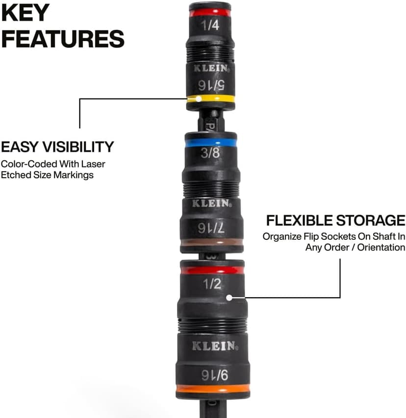 Klein Tools 32933 Klein Tools 32933 Impact Driver, SAE 7-in-1 Impact Rated Socket Set, 3 Flip Sockets with 6 Hex Driver Sizes and 1/4-Inch Bit Holder, 5-Inch Shaft