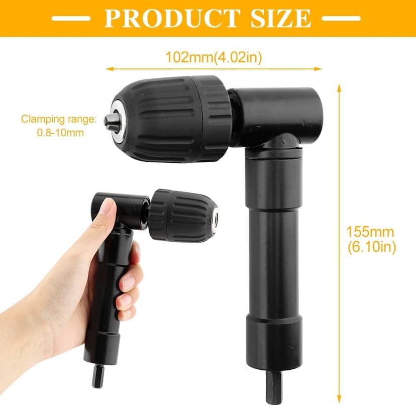 Right Angle Drill Attachment 90° Adapter - 0.8-10mm Keyless Chuck for Tight Corners, Fits Electric Drills, Impact Drivers & Screwdrivers - Great for Home Repairs & Metalworking