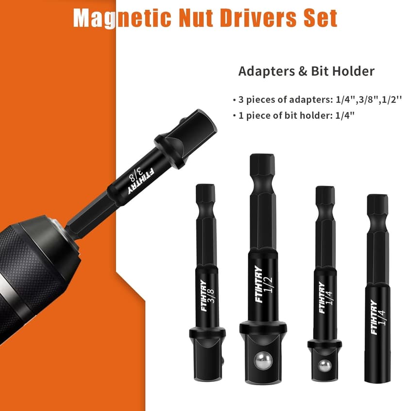 39Pcs Magnetic Nut Driver Set for Impact Drill, Metric & SAE Magnetic Impact Drill Driver Bit, 1/4" Hex Shank, Fully Magnetic Hex Nut Driver Drill Bit Master Kit, Black