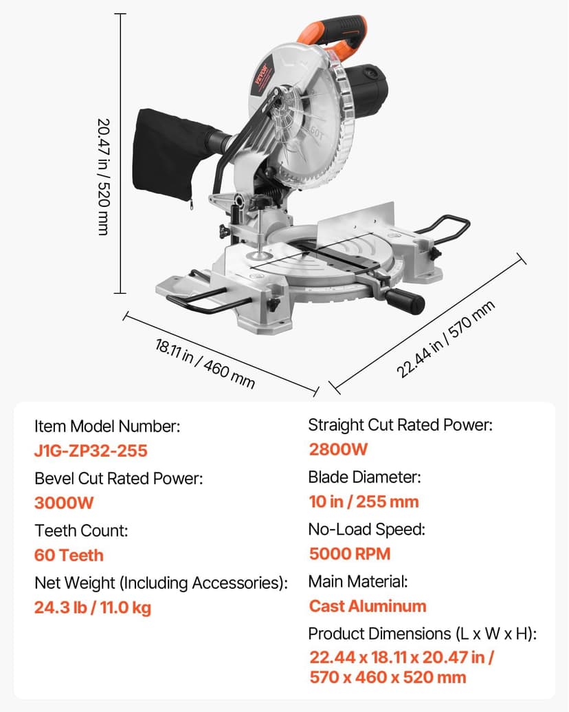 VEVOR Compound Miter Saw, 10-Inch Blade, 15 Amp Motor, 60-Tooth, Corded Single Bevel 0-45°, LED Precision Alignment, Angle Adjustable, Lightweight Cast Aluminum Base, for Wood, Composite Decking