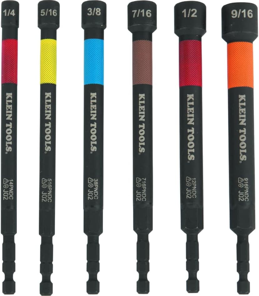 Klein Tools 32930 SAE Magnetic Impact Nut Setter Set, 6-Piece Color Coded Power Nut Driver with Extended Reach, 6 SAE Sizes