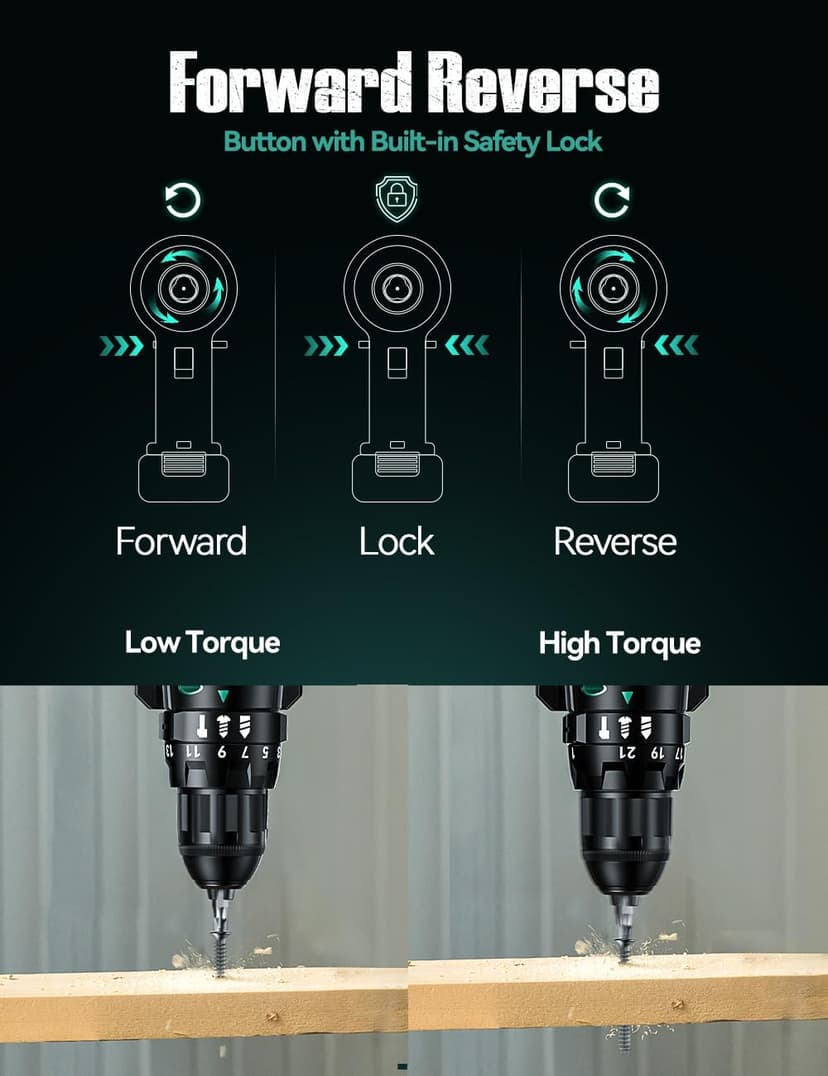 KIMO Hammer Drill - 20V 2X Battery Hammer Drill Cordless Drill Set, 350 In-lb Torque, 3/8" Keyless Chuck, 1350 RPM, 21+3 Position,14pcs Drill/Driver Bits, Power Drill Drivers for Concrete Brick Wall