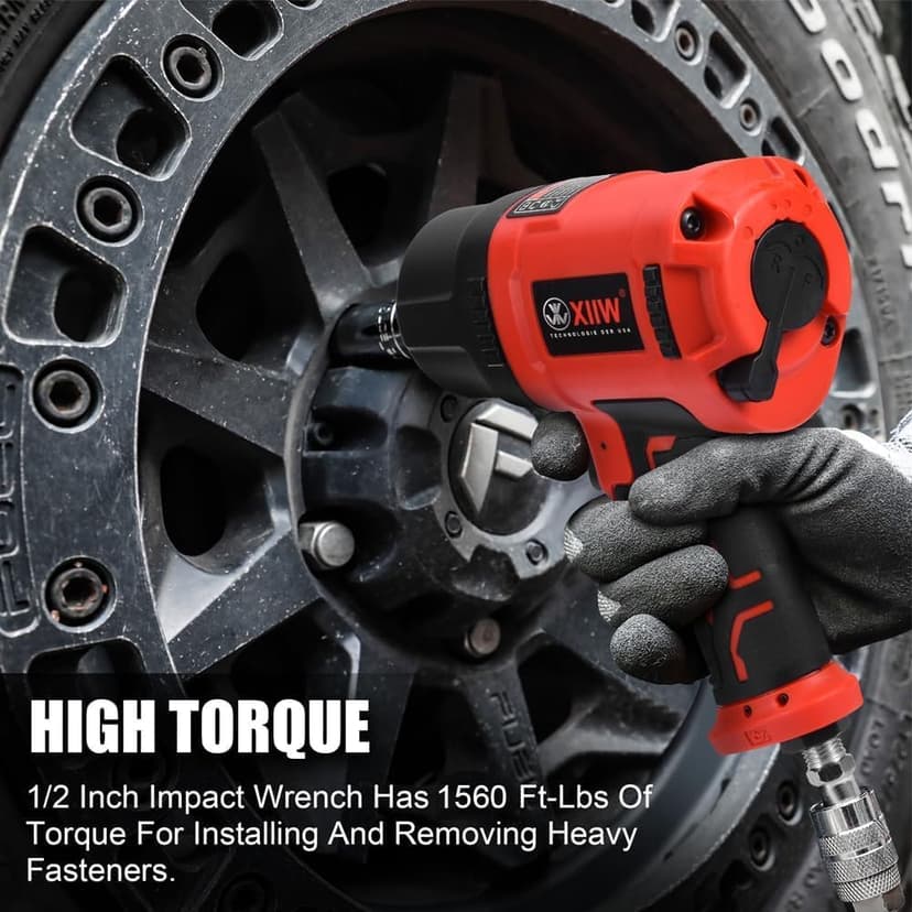 XIIW 1/2 Inch Air Impact Wrench, Max Torque 1560 ft-lbs, lightweight 4.4 lb Design, Heavy Duty 8000RPM 1/2 Air Impact Gun Driver, Twin Hammer Pneumatic Tool for Automobile Repair