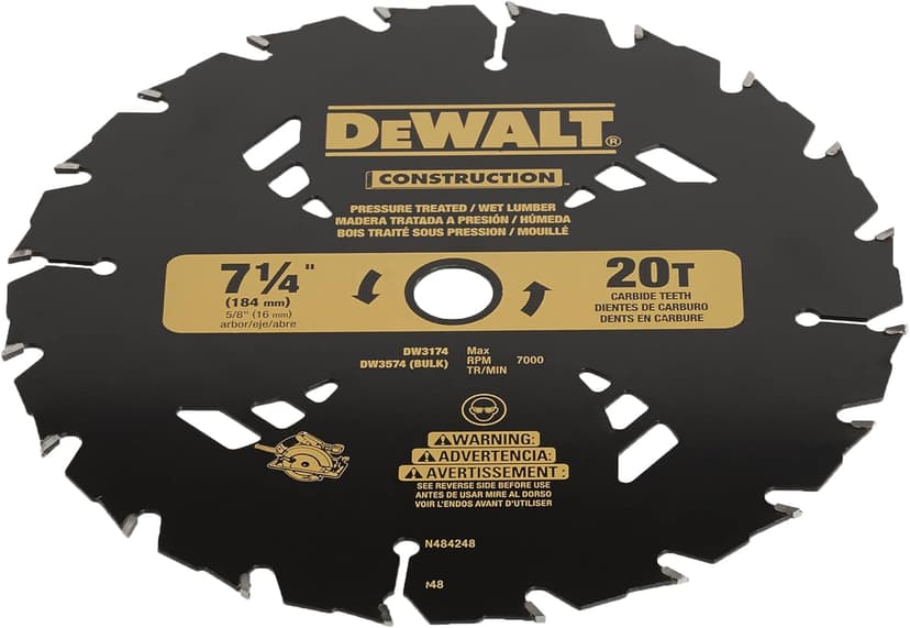 DEWALT 7-1/4" Circular Saw Blade for Pressure Treated and Wet Lumber, ATB, Thin Kerf, 5/8" and Arbor, 20-Tooth (DW3174) , Black