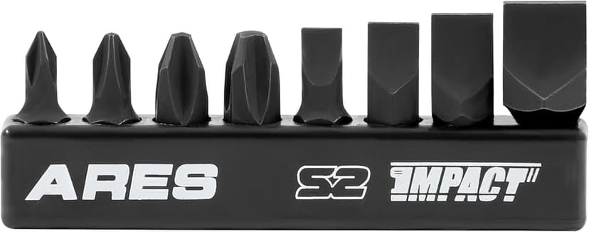 ARES 70013-8-Piece S2 Steel Impact Driver Bit Set - Includes Phillips 1,2,3,4 and Slotted 1/4-Inch, 5/16-Inch, 3/8-Inch and 1/2-Inch Bits - High Alloy S2 Steel Construction