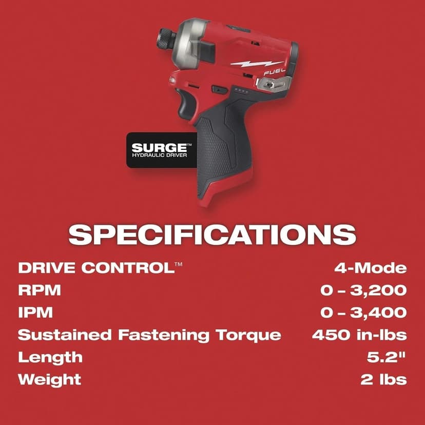 2551-20 for Milwaukee M12 FUEL 1/4" Hex Hydraulic Driver Length 5.2 in Height 6.8 in Width 2.2 in