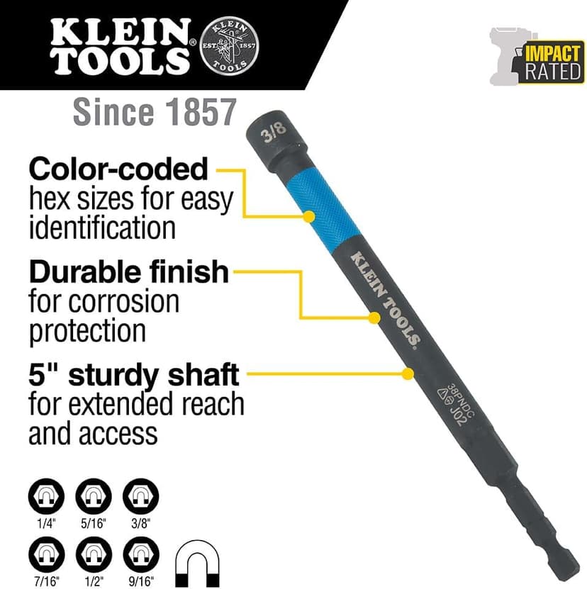 Klein Tools 32930 SAE Magnetic Impact Nut Setter Set, 6-Piece Color Coded Power Nut Driver with Extended Reach, 6 SAE Sizes