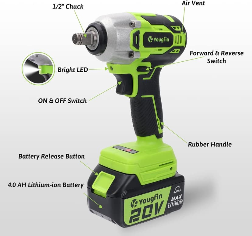 Yougfin Cordless Impact Wrench 1/2 inch for Lug Nuts, 20V Brushless Power Impact Gun Kit 400N.M, 4.0 Ah Battery Powered Impact Driver Heavy Duty, Electric Impact Wrench for Car Home
