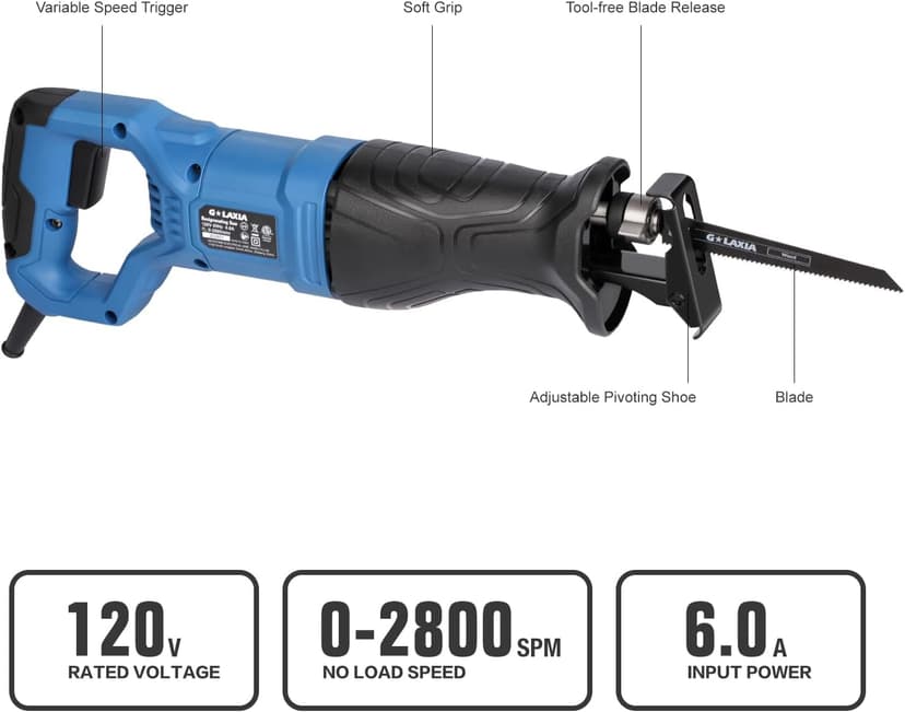 Reciprocating Saw, 6Amp 2800RPM Variable Speed Reciprocating Saw with 4/5"(20mm) Stroke Length, 3Pcs Blades for Wood, Soft Metal, PVC Pipe Cutting
