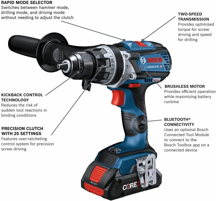 BOSCH GSB18V-975CB25 18V Brushless Connected-Ready 1/2 In. Hammer Drill/Driver Kit with (2) CORE18V® 4 Ah Advanced Power Batteries