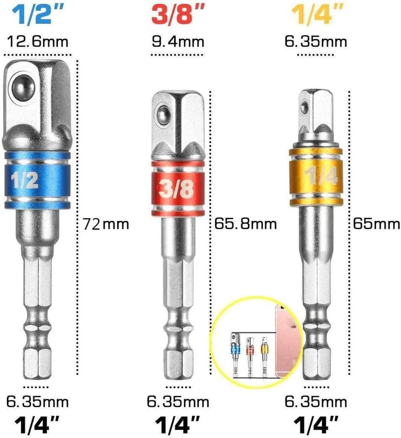 Flexible Drill Bit Extension Set, Includes 105° Right Angle Drill, Bendable Drill Extension, 3pcs 1/4 3/8 1/2" Universal Socket Adapter Set, 3pcs Drill Bit Holder, Screwdriver Bit Kit