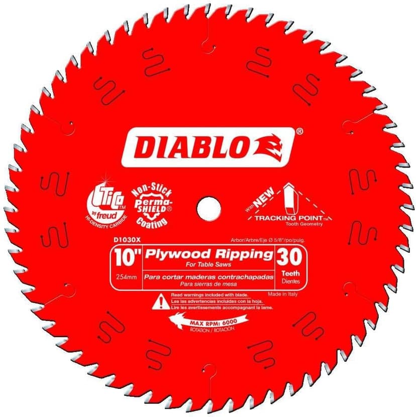 Diablo Plywood Ripping Saw Blade - Ideal for Superior Rip Cuts in Plywood, OSB, Hardwoods and Softwoods - 10" Diameter, 30 ATB Teeth, 6000 Max RPM - D1030X