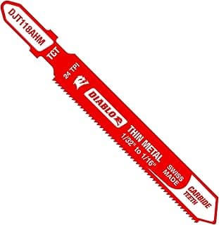 Diablo Carbide Jig Saw Blade - Ideal for Cutting Thin Metals, Aluminum, and Sheet Metal - 3-1/4" Length, 24 TPI, T-Shank - DJT118AHM