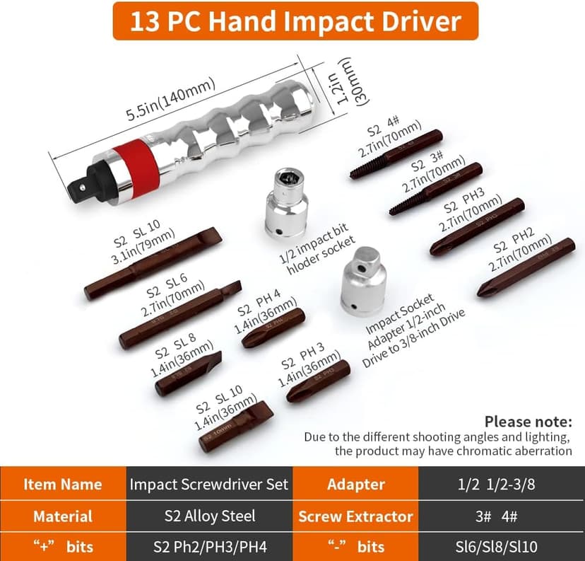 Hand Manual Reversible 1/2-inch 3/8-inch Impact Driver Set Extractor-13PCS Impact Screwdriver S2 Steel Disengage Rusted Fasteners or Frozen Bolts
