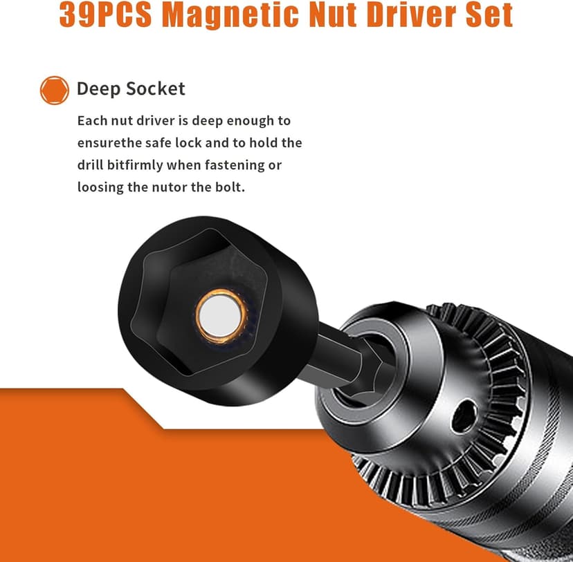 39Pcs Magnetic Nut Driver Set for Impact Drill, Metric & SAE Magnetic Impact Drill Driver Bit, 1/4" Hex Shank, Fully Magnetic Hex Nut Driver Drill Bit Master Kit, Black