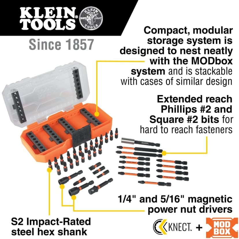 Klein Tools 33801 Impact Driver Bit Set with Magnetic Nut Drivers, ProFlex S2 Steel Phillips, Slotted, Square, TORX Bits with Case, MODBox Compatible, 40-Piece