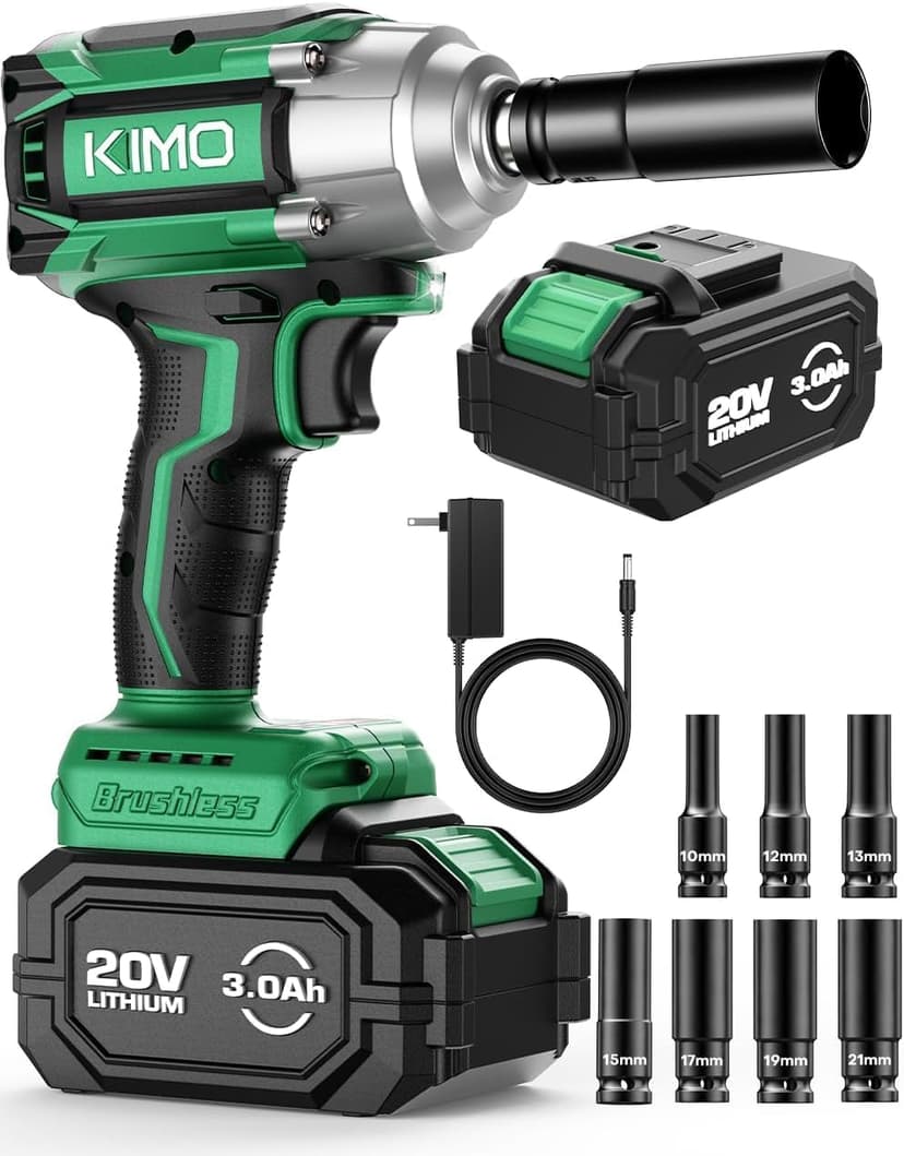 K I M O. Cordless Impact Wrench, Max Torque 406ft-lbs (550N.m) & 3000RPM, Premium Brake Stop, 1/2 lmpact Gun with 3000mAh Li-ion Battery, 7Drive lmpact Sockets, Fast Charger Impact Drill for Car Tires