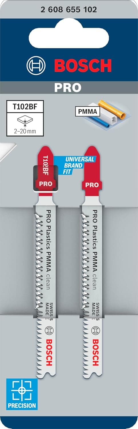 Bosch 2 x PRO Plastics PMMA Clean T102BF Jigsaw Blade (for Plastic, Plastic, Length 92 mm, Professional Accessories Jigsaw)