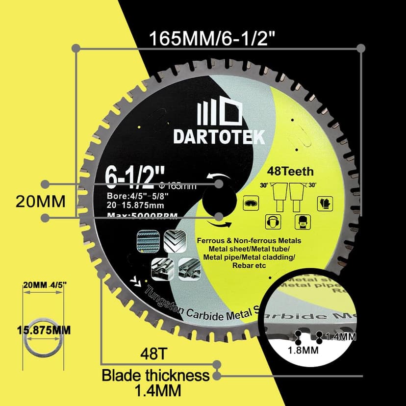 6-1/2"/165mm Metal Cutting Disc, DARTOTEK Circular Saw Blade 48T,Tungsten Carbide Tipped TCT Cut Off Wheel for Steel, Ferrous Steel Pipe with 4/5"-5/8" Arbor