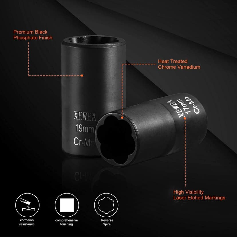 XEWEA 1/2" Drive 15PCS Lug Nut Remover and 6PCS Flip Impact Socket Set, Wheel Lock Removal Kit, Thin Wall Nut Sockets Easy Out Extractor Set for Damaged, Frozen, Rusted, Rounded-Off Bolts