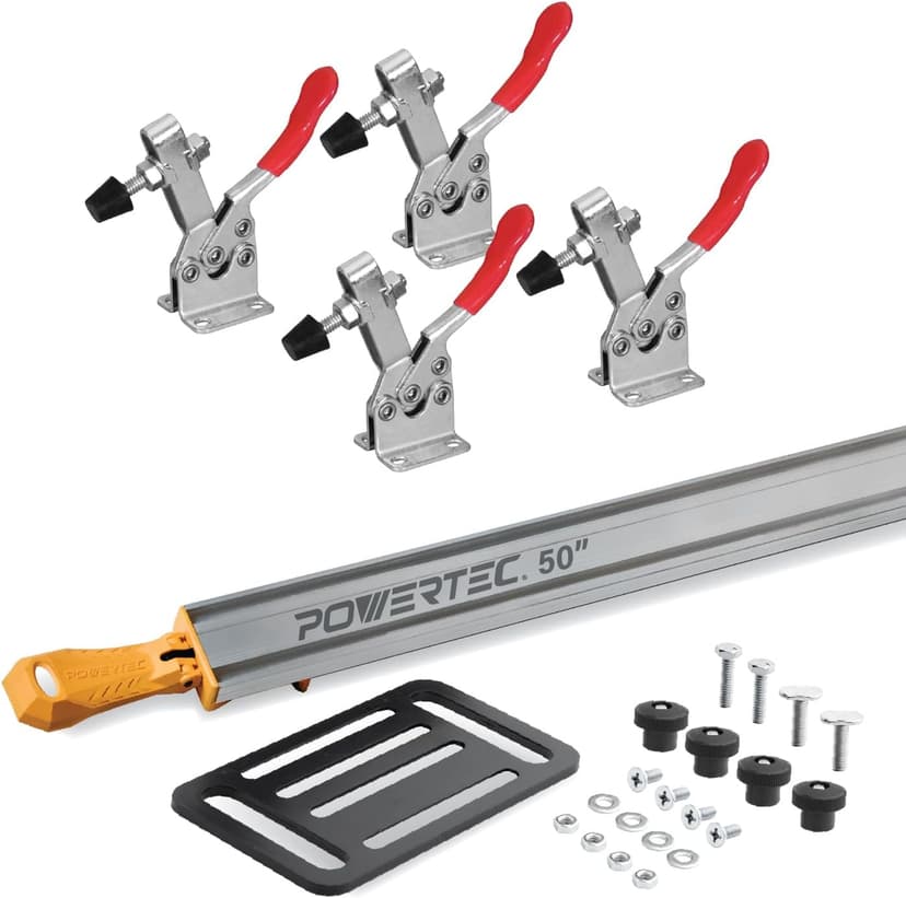 POWERTEC 72054 50 Inch Circular Saw Guide for Circular Saw, Router and Jig Saw, Contractor Straight Edge Clamp Saw Guide, w/Toggle Clamp Mounting Plate and 4-pc Quick Release Horizontal Toggle Clamps