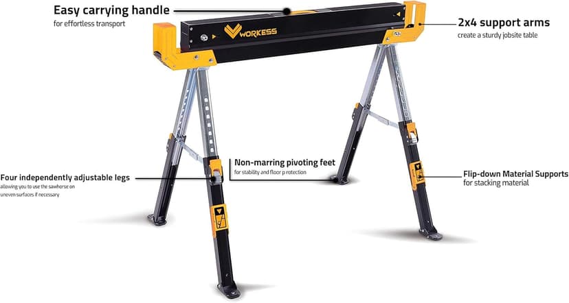 Saw Horses 2 Pack Folding, 2600 Lbs Load Capacity & 24-32 Inch Adjustable Height Heavy Duty Sawhorse Table with 2x4 Support Arms, Portable Folding Legs and Easy Grip Handle for Woodworking