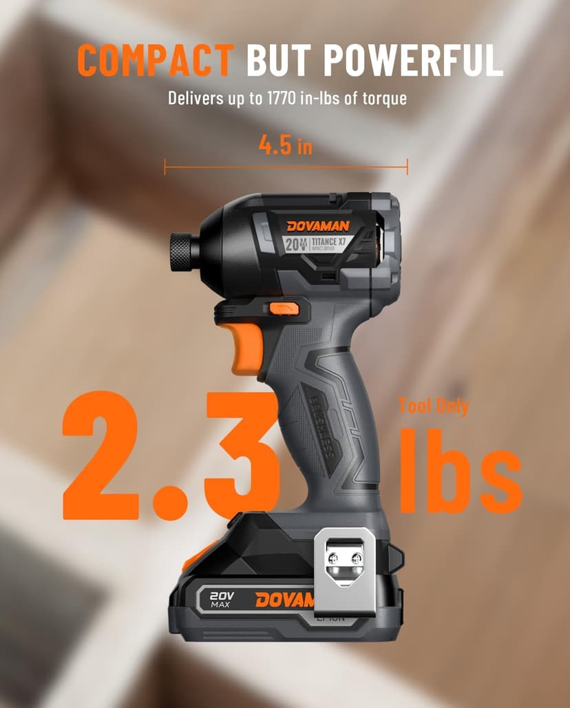 TITANCE X7 20V Cordless Impact Driver, 1/4'' Hex Compact Brushless Driver Kit with 1,770 In-lbs Torque, Battery & Charger Included – Lightweight Electric Screwdriver for Wood, Metal & Auto Repair
