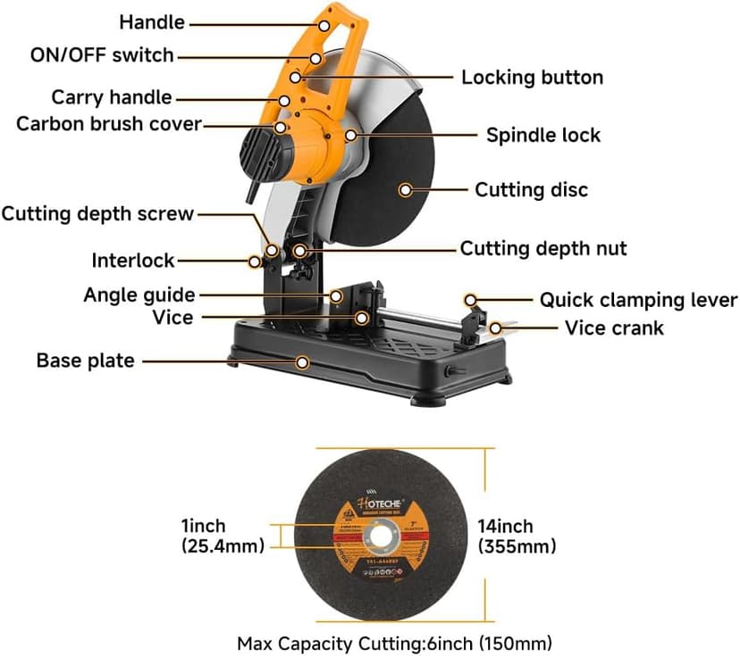Hoteche 14-Inch Metal Cutting Chop Saw 2100W Heavy-Duty Electric Cut Off Machine with Saw Blade