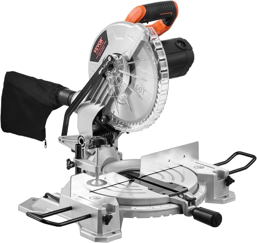 VEVOR Compound Miter Saw, 10-Inch Blade, 15 Amp Motor, 60-Tooth, Corded Single Bevel 0-45°, LED Precision Alignment, Angle Adjustable, Lightweight Cast Aluminum Base, for Wood, Composite Decking