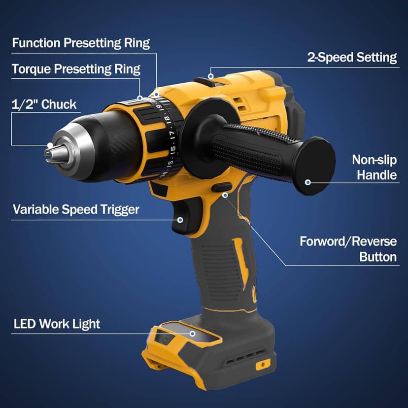 Cordless Hammer Drill Compatible with Dewalt 20V Max Battery (NO Battery) -Brushless Motor, 1/2" Keyless Metal Chuck & LED Light for Drilling Brick, Metal, Wood - Ideal for DIY