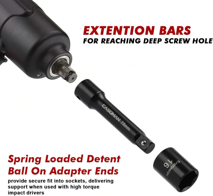 CASOMAN 3/8" Drive Impact Socket Set, 49 Piece Standard SAE and Metric Sizes (5/16-Inch to 3/4-Inch and 8-22 mm), 6 Point, Cr-V Steel Socket Set
