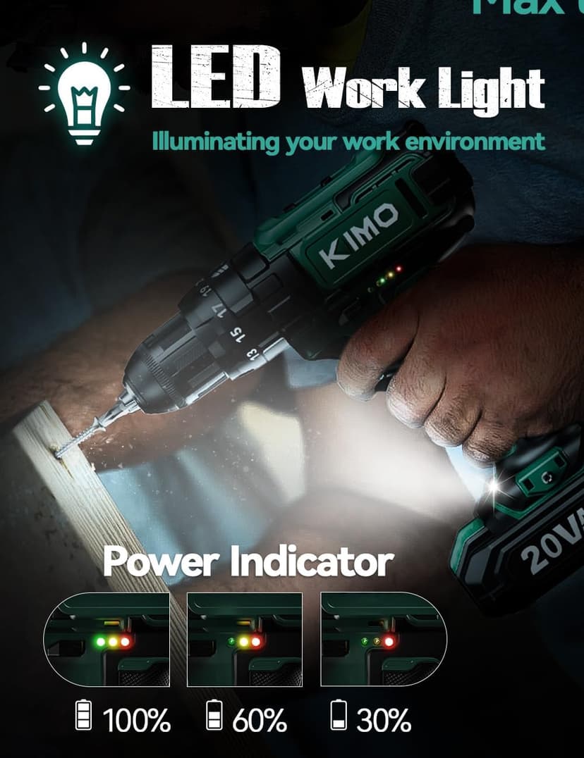 KIMO Hammer Drill - 20V 2X Battery Hammer Drill Cordless Drill Set, 350 In-lb Torque, 3/8" Keyless Chuck, 1350 RPM, 21+3 Position,14pcs Drill/Driver Bits, Power Drill Drivers for Concrete Brick Wall