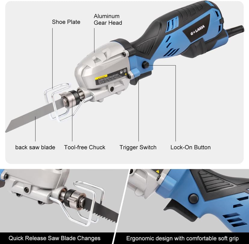 Reciprocating Saw, 5Amp 3000SPM Variable Speed Reciprocating Saw with 1/2" Stroke Length, 6Pcs Blades for Wood, Soft Metal, PVC Pipe Cutting