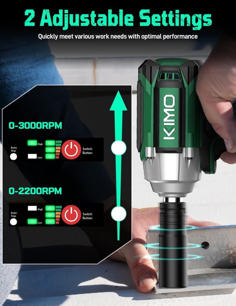 K I M O. Cordless Impact Wrench, Max Torque 406ft-lbs (550N.m) & 3000RPM, Premium Brake Stop, 1/2 lmpact Gun with 3000mAh Li-ion Battery, 7Drive lmpact Sockets, Fast Charger Impact Drill for Car Tires