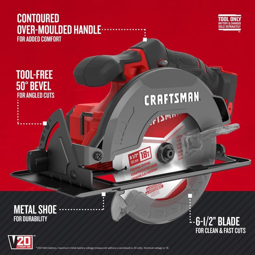 CRAFTSMAN V20 Cordless Circular Saw, 6-1/2 inch, Bare Tool Only (CMCS500B)
