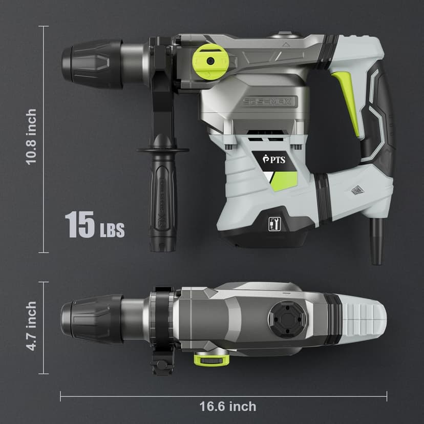 PTS 1-9/16 Inch SDS-Max Rotary Hammer, 13.5 Amp Heavy Duty 3 Functions Corded Concrete Demolition Hammer, w/Vibration Control & Safety Clutch, Includes Drill Bits, Chisels, Carrying Case (Green)