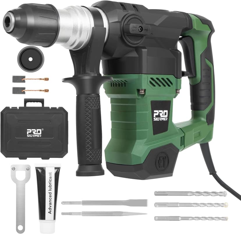 Prostormer 1-1/4" SDS-Plus Rotary Hammer, 13 Amp Powerful Motor, 4 Functions Rotary Hammer Drill with Case, Including Grease, Chisels, Drill Bits, for Concrete, Steel, Wood