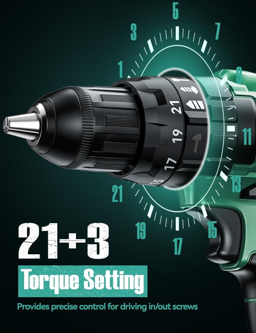 KIMO Hammer Drill - 20V 2X Battery Hammer Drill Cordless Drill Set, 350 In-lb Torque, 3/8" Keyless Chuck, 1350 RPM, 21+3 Position,14pcs Drill/Driver Bits, Power Drill Drivers for Concrete Brick Wall