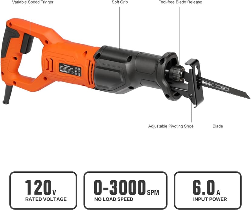120V Reciprocating Saw, 6.0 Amp Variable Speed Corded Reciprocating Saw with 4/5" Stroke Length, 3000 SPM and 4-1/2" Max for Wood, Metal, PVC Pipe Cutting