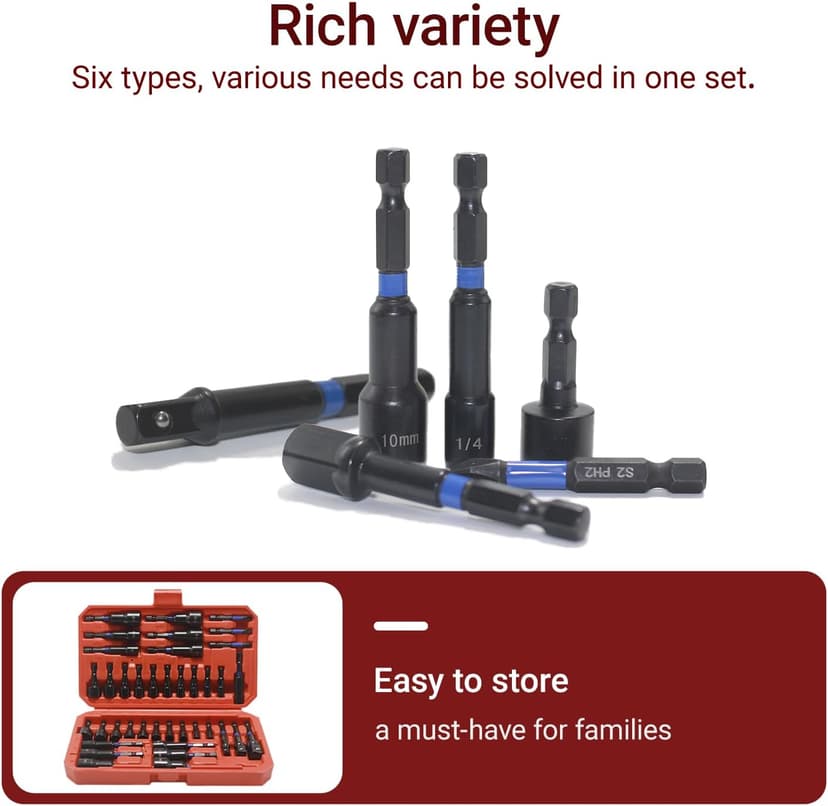 39-Piece Magnetic Nut Driver Set, Includes Metric & SAE Impact Driver Bit Set, Bit Extension & Drill Bit Adapter | 1/4" Hex Shank | Cr-V Steel, Screwdriver Bits, Bit Holder, Slotting Tool Box